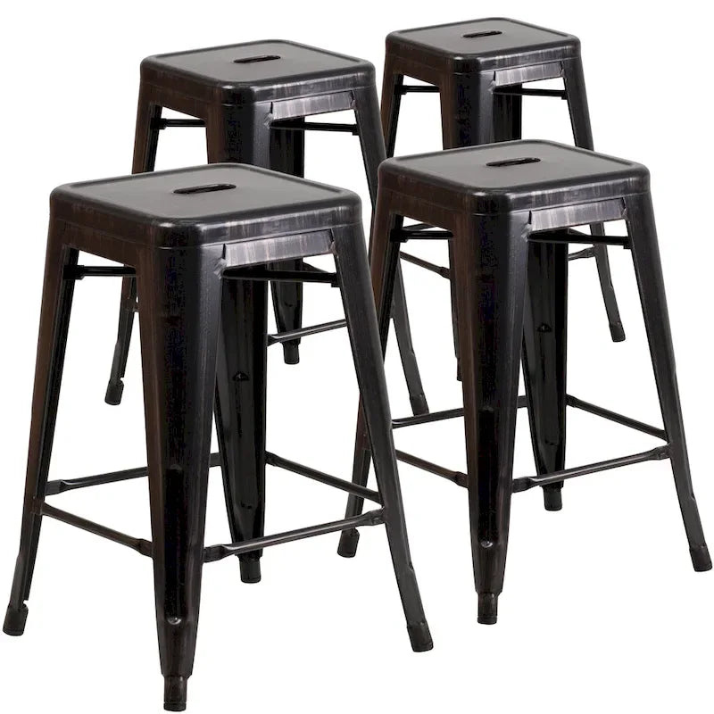 Lot de 4 tabourets hauteur comptoir d'intérieur-extérieur en métal sans dossier 24 H, avec assise carrée