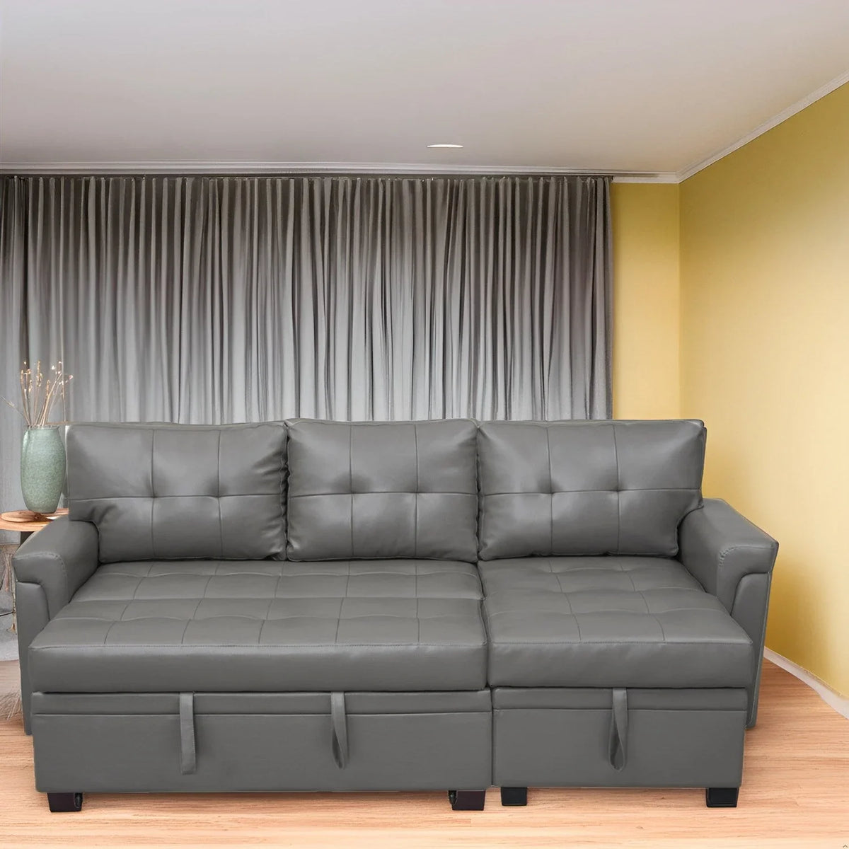 Canapé sectionnel réversible avec lit escamotable, méridienne de rangement dissimulée, pieds durables,