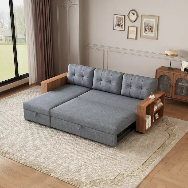 Canapé d'angle convertible avec lit escamotable et méridienne avec rangement caché