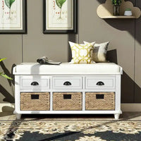 Banc de rangement rustique avec 3 tiroirs et 3 paniers en rotin, banc à chaussures pour salon et entrée
