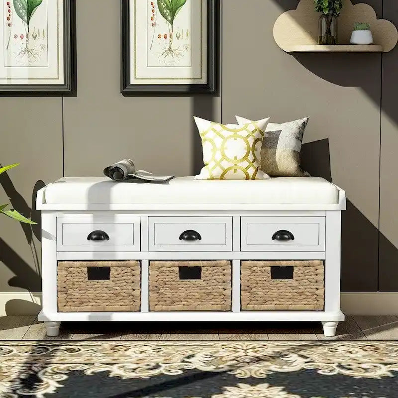 Banc de rangement rustique avec 3 tiroirs et 3 paniers en rotin, banc à chaussures pour salon et entrée