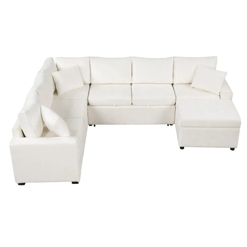 Canapé sectionnel en chenille avec canapé-lit escamotable, canapé-lit en forme de L avec ottoman de rangement, 3 coussins et prises de charge