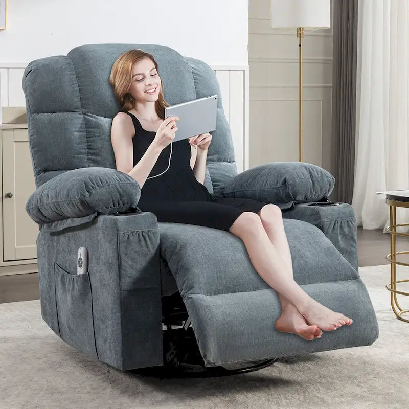 Fauteuil inclinable surdimensionné gris avec chauffage et massage, inclinaison 150, bascule 30, charge USB et 2 porte-gobelets