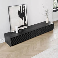 Meuble TV minimaliste avec tiroirsConsole multimédia en bois massif avec placards, porte abattante, placage noyer, entièrement assemblé