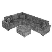 Canapé sectionnel en chenille avec canapé-lit escamotable, canapé-lit en forme de L avec ottoman de rangement, 3 coussins et prises de charge