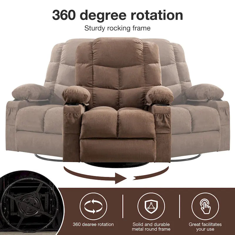 Fauteuil inclinable surdimensionné gris avec chauffage et massage, inclinaison 150, bascule 30, charge USB et 2 porte-gobelets