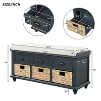 Banc de rangement rustique avec 3 tiroirs et 3 paniers en rotin, banc à chaussures pour salon et entrée