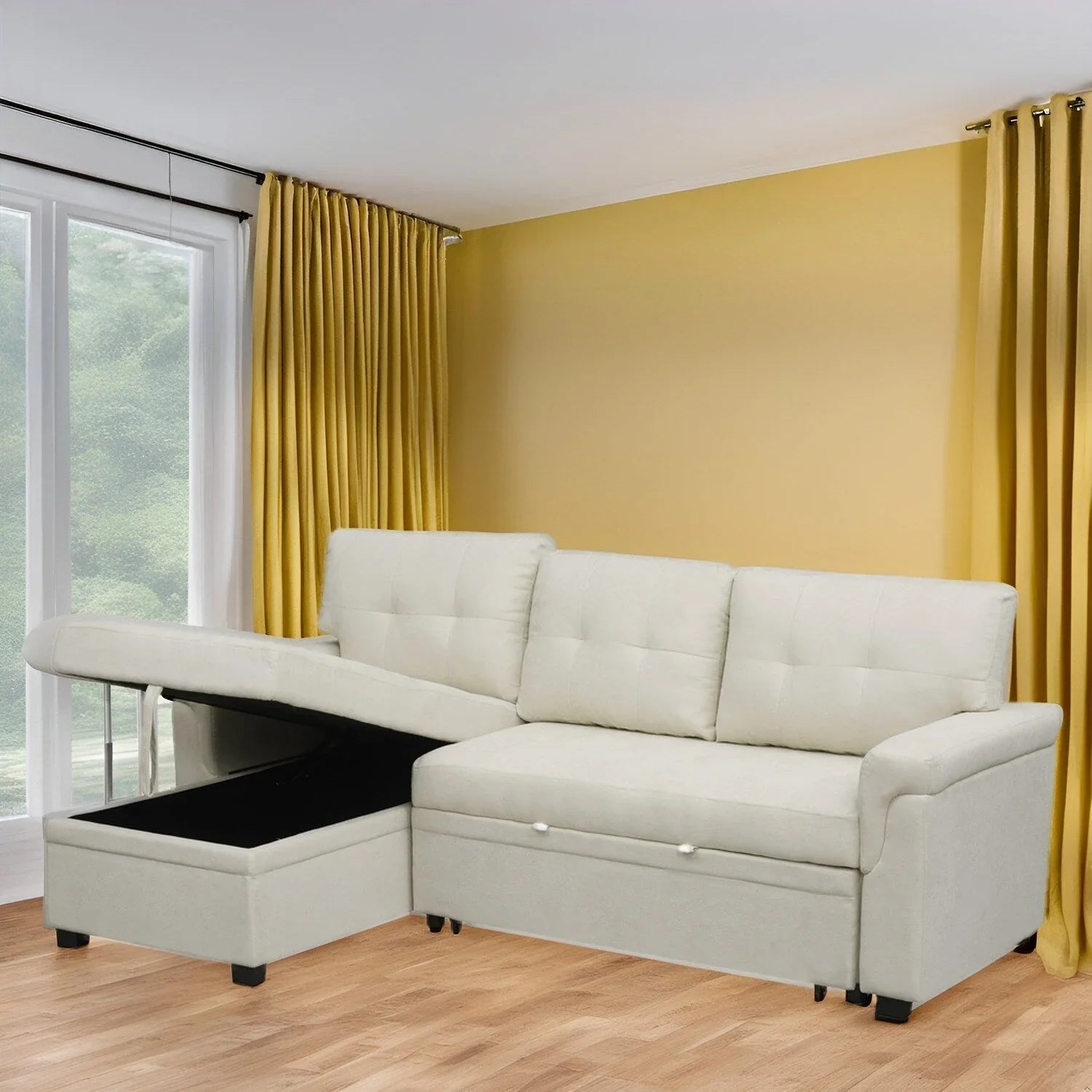 Canapé sectionnel réversible avec lit escamotable, méridienne de rangement dissimulée, pieds durables,