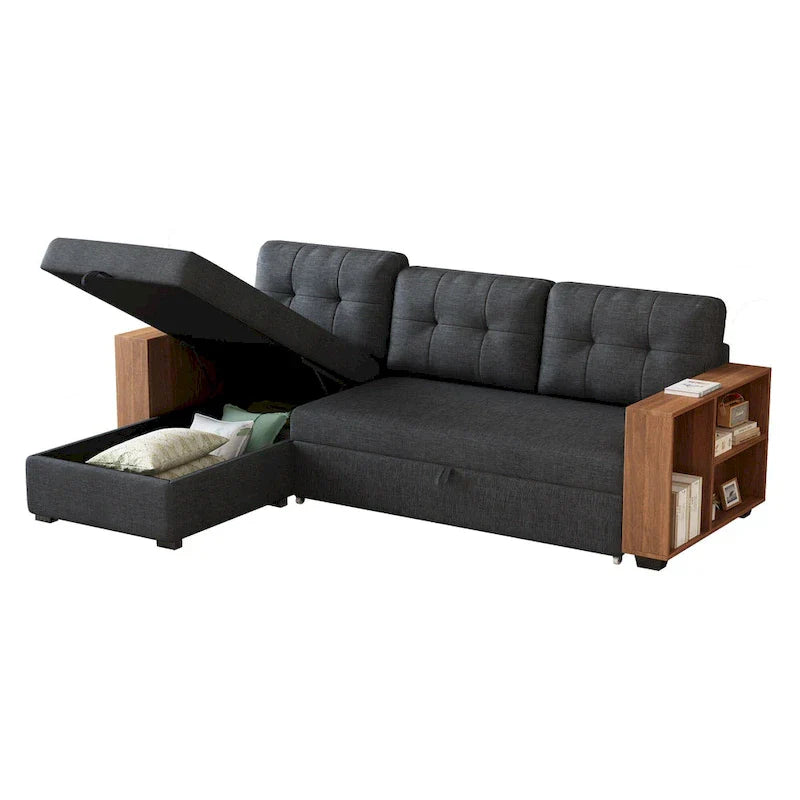 Canapé d'angle convertible avec lit escamotable et méridienne avec rangement caché
