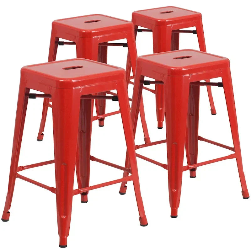 Lot de 4 tabourets hauteur comptoir d'intérieur-extérieur en métal sans dossier 24 H, avec assise carrée