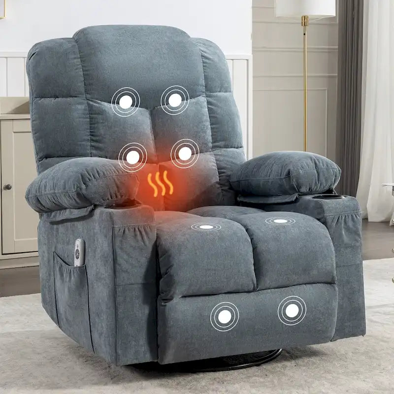Fauteuil inclinable surdimensionné gris avec chauffage et massage, inclinaison 150, bascule 30, charge USB et 2 porte-gobelets