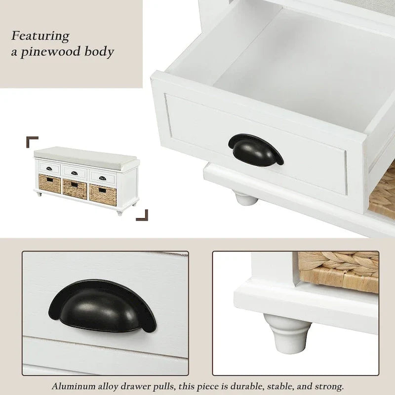 Banc de rangement rustique avec 3 tiroirs et 3 paniers en rotin, banc à chaussures pour salon et entrée