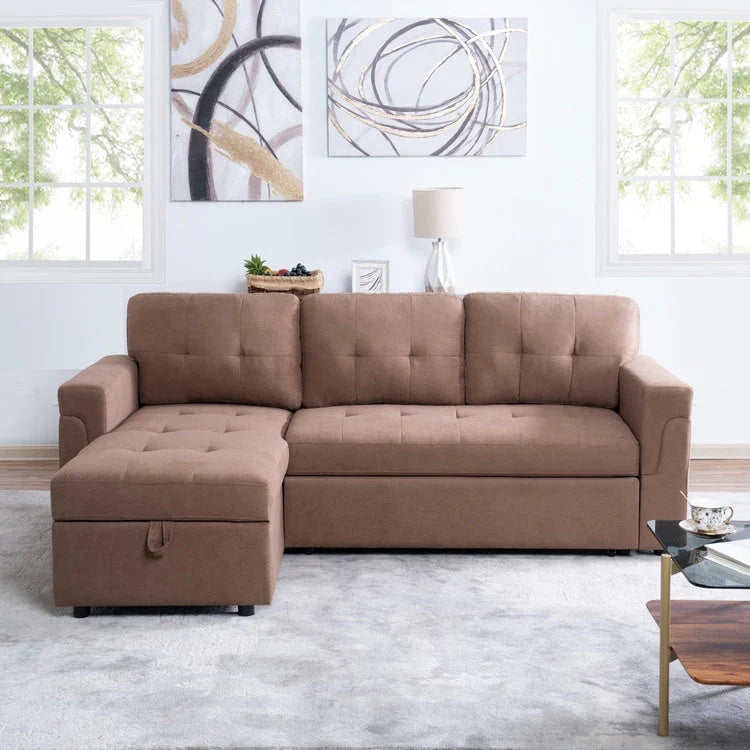 Canapé sectionnel réversible avec lit escamotable, méridienne de rangement dissimulée, pieds durables,