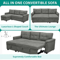 Canapé sectionnel réversible avec lit escamotable, méridienne de rangement dissimulée, pieds durables,