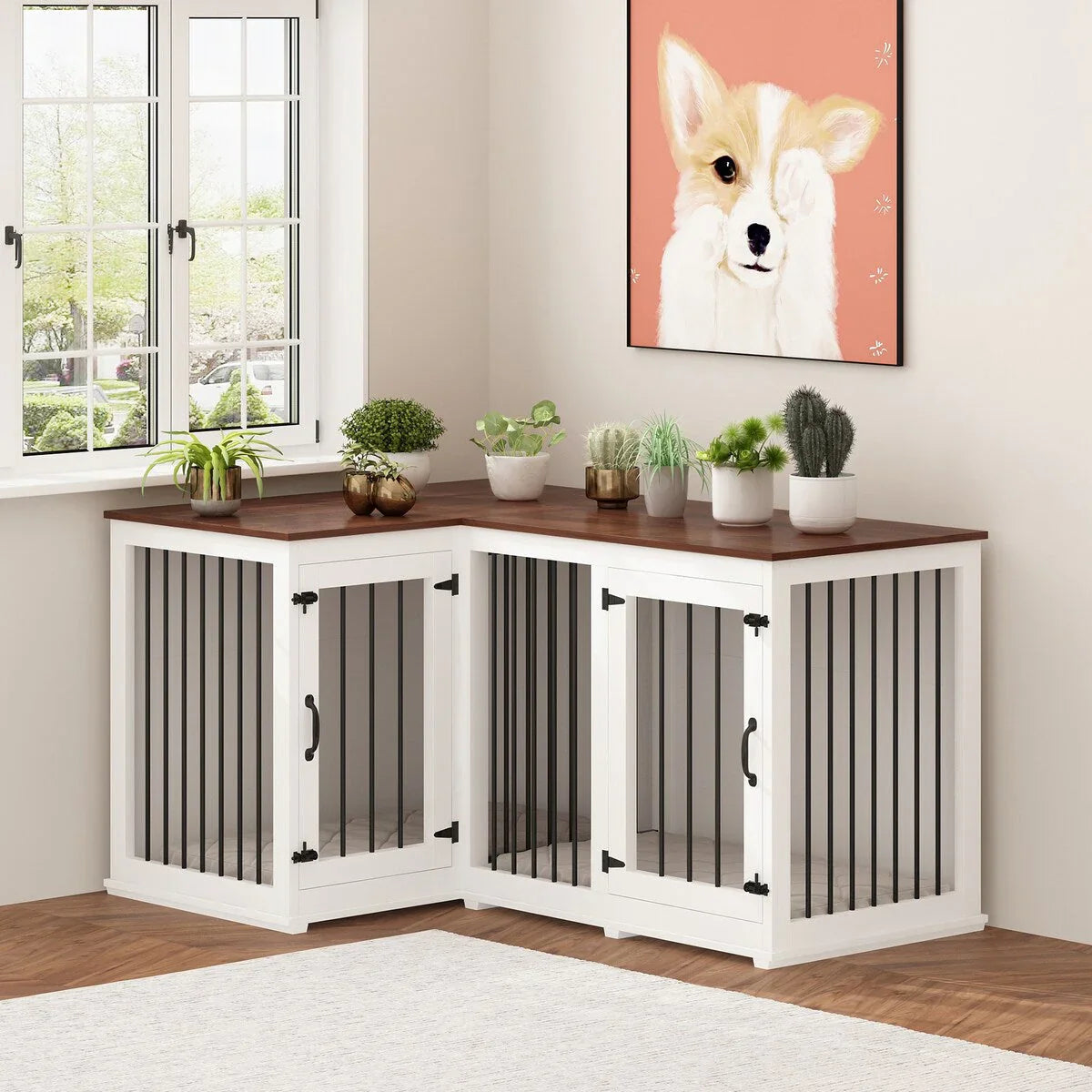 Grand meuble cage d'angle pour chien pour 2 chiens, cage pour chien en forme de L - 58.7X41.1