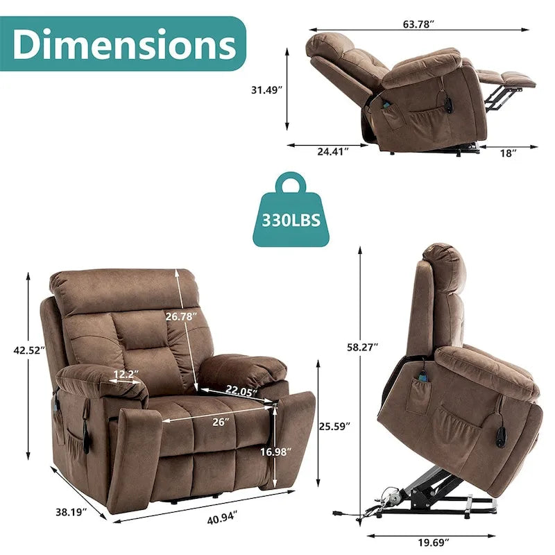 Grand fauteuil releveur massant électrique avec chauffage, porte-gobelet caché