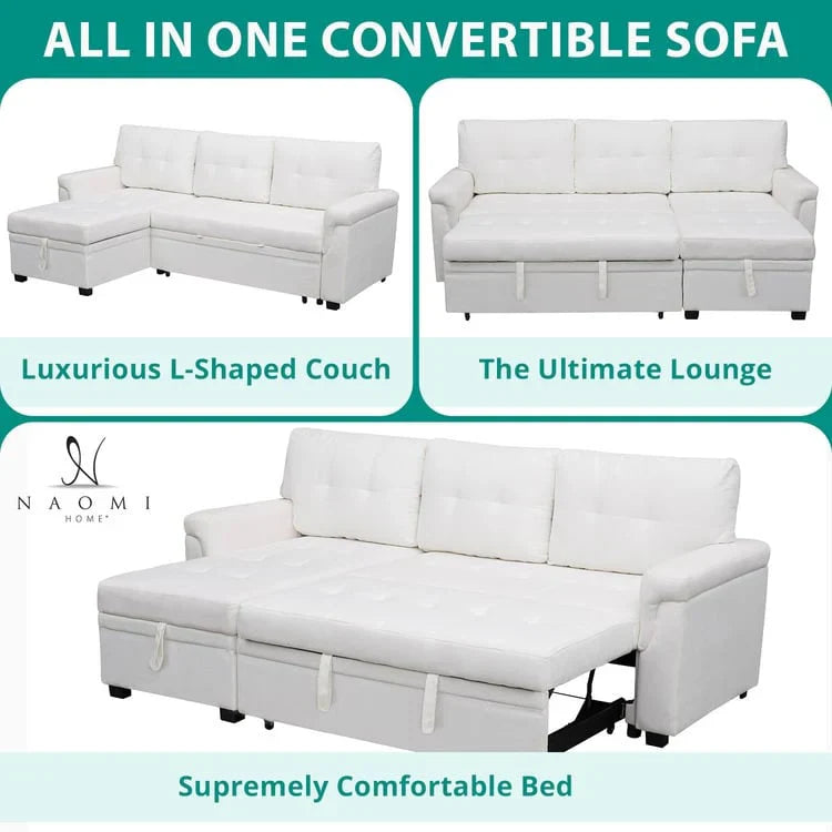 Canapé sectionnel réversible avec lit escamotable, méridienne de rangement dissimulée, pieds durables,