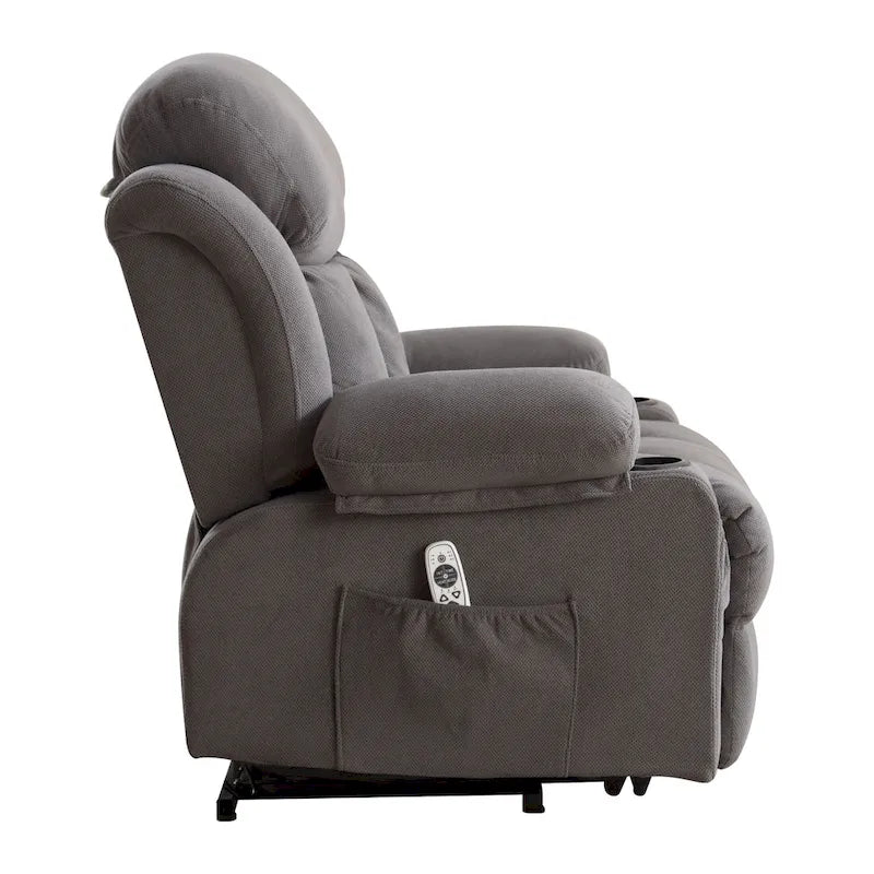 Fauteuil releveur électrique gris avec massage chauffant, charge USB, télécommande et poches latérales pratiques pour seniors