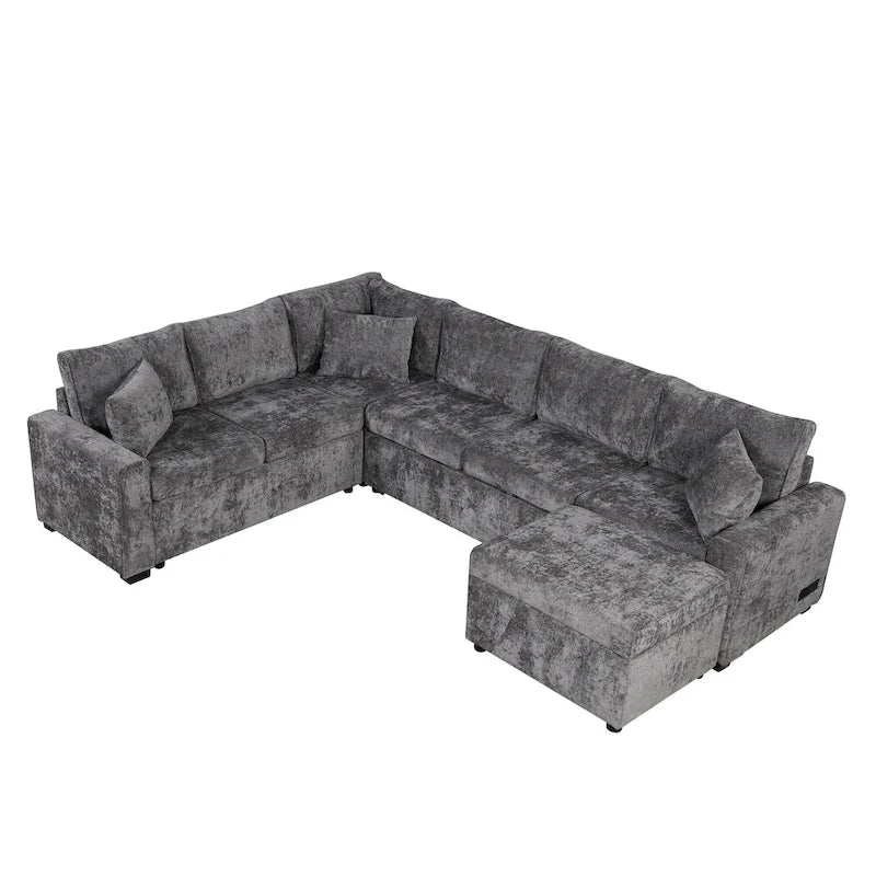Canapé sectionnel en chenille avec canapé-lit escamotable, canapé-lit en forme de L avec ottoman de rangement, 3 coussins et prises de charge