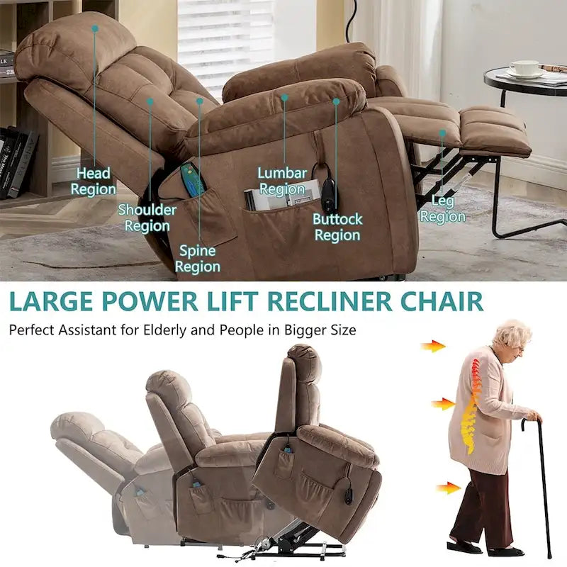 Grand fauteuil releveur massant électrique avec chauffage, porte-gobelet caché