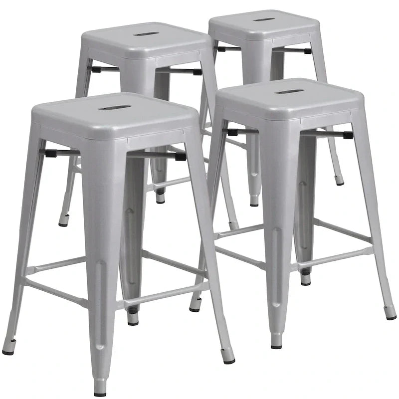 Lot de 4 tabourets hauteur comptoir d'intérieur-extérieur en métal sans dossier 24 H, avec assise carrée
