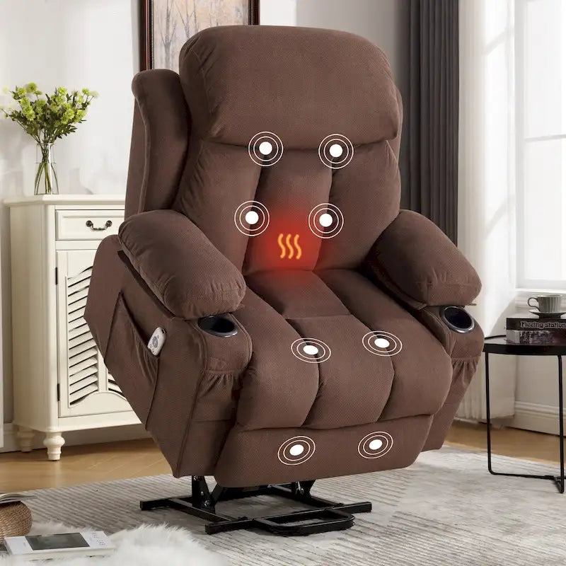 Fauteuil releveur électrique gris avec massage chauffant, charge USB, télécommande et poches latérales pratiques pour seniors