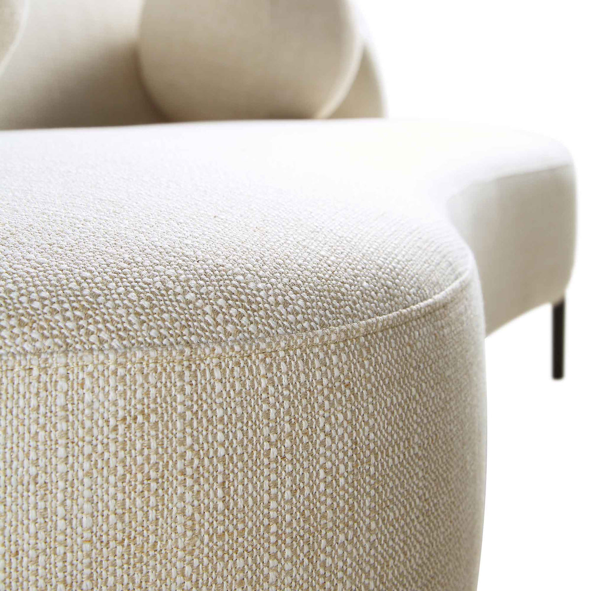 Canapé incurvé 3 places avec coussins boule, mélange de lin beige