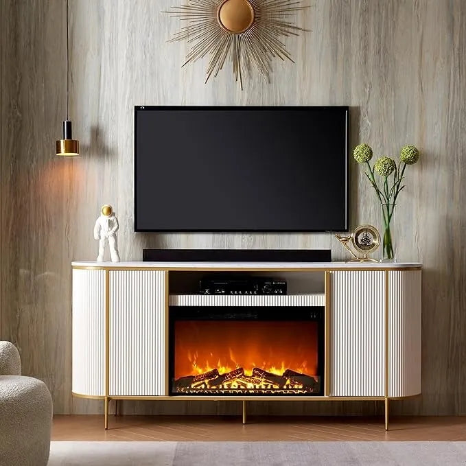 Meuble TV cheminée de luxe moderne 70, meuble multimédia, console TV