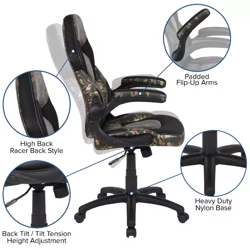Chaise gaming Flash Furniture X10 de course de bureau ergonomique pour ordinateur PC, chaise pivotante réglable avec accoudoirs relevables