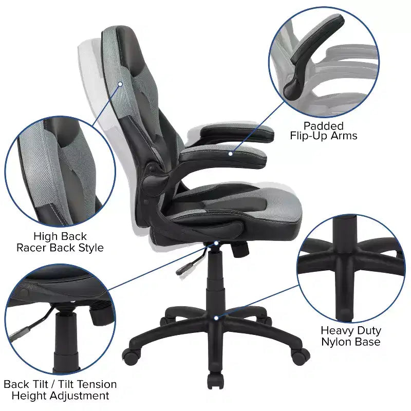 Chaise gaming Flash Furniture X10 de course de bureau ergonomique pour ordinateur PC, chaise pivotante réglable avec accoudoirs relevables