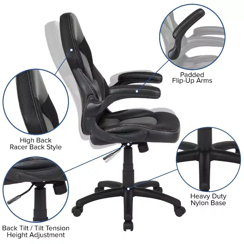 Chaise gaming Flash Furniture X10 de course de bureau ergonomique pour ordinateur PC, chaise pivotante réglable avec accoudoirs relevables