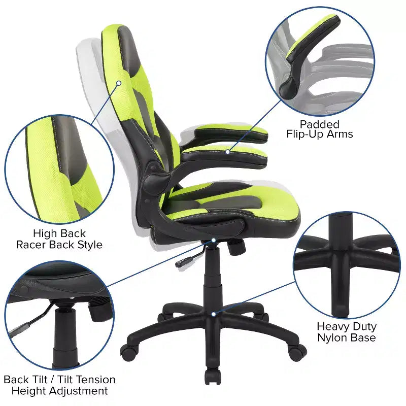 Chaise gaming Flash Furniture X10 de course de bureau ergonomique pour ordinateur PC, chaise pivotante réglable avec accoudoirs relevables