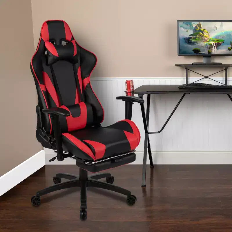 Chaise gaming ergonomique de course Emma and Oliver avec dossier inclinable, repose-pieds, en LeatherSoft rouge