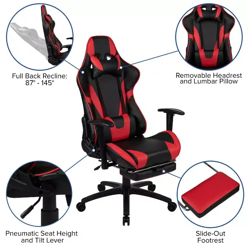 Chaise gaming ergonomique de course Emma and Oliver avec dossier inclinable, repose-pieds, en LeatherSoft rouge