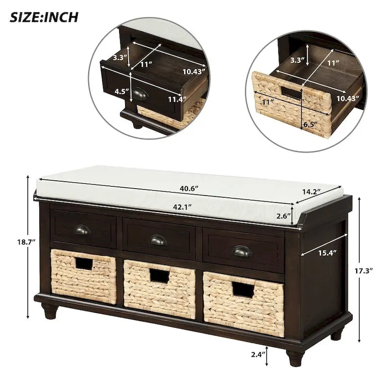 Banc de rangement rustique avec 3 tiroirs et 3 paniers en rotin, banc à chaussures pour salon et entrée