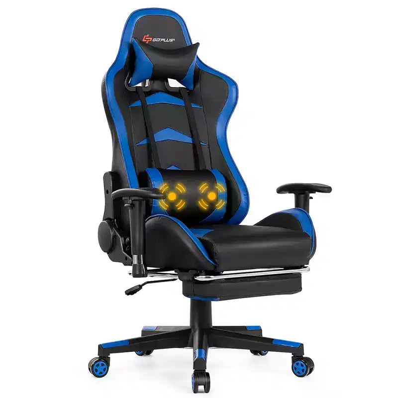 Chaise gaming de massage de bureau Costway inclinable pivotante de course avec repose-pieds
