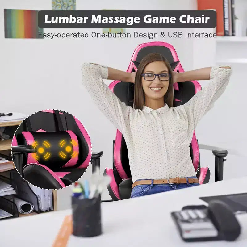 Chaise gaming de massage de bureau Costway inclinable pivotante de course avec repose-pieds