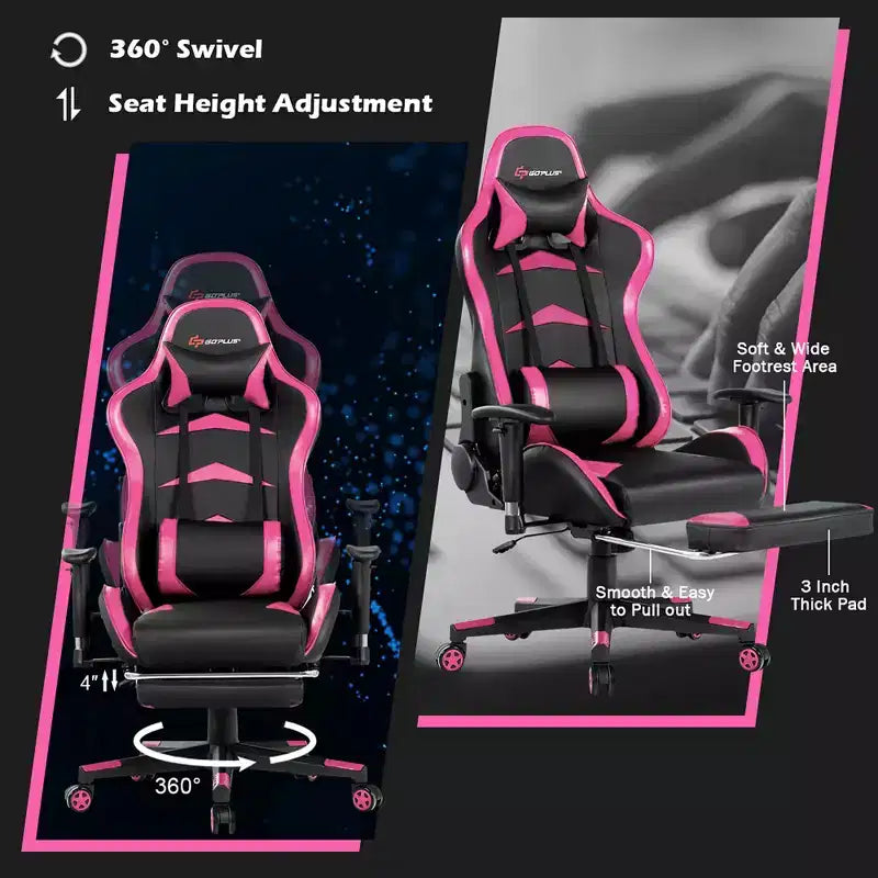 Chaise gaming de massage de bureau Costway inclinable pivotante de course avec repose-pieds