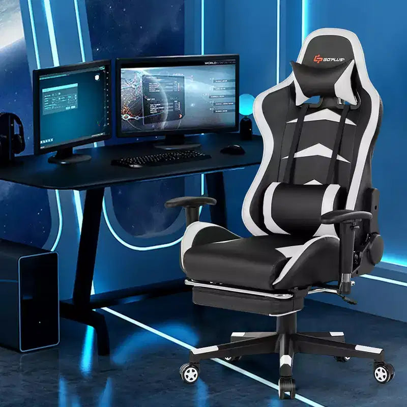 Chaise gaming de massage de bureau Costway inclinable pivotante de course avec repose-pieds