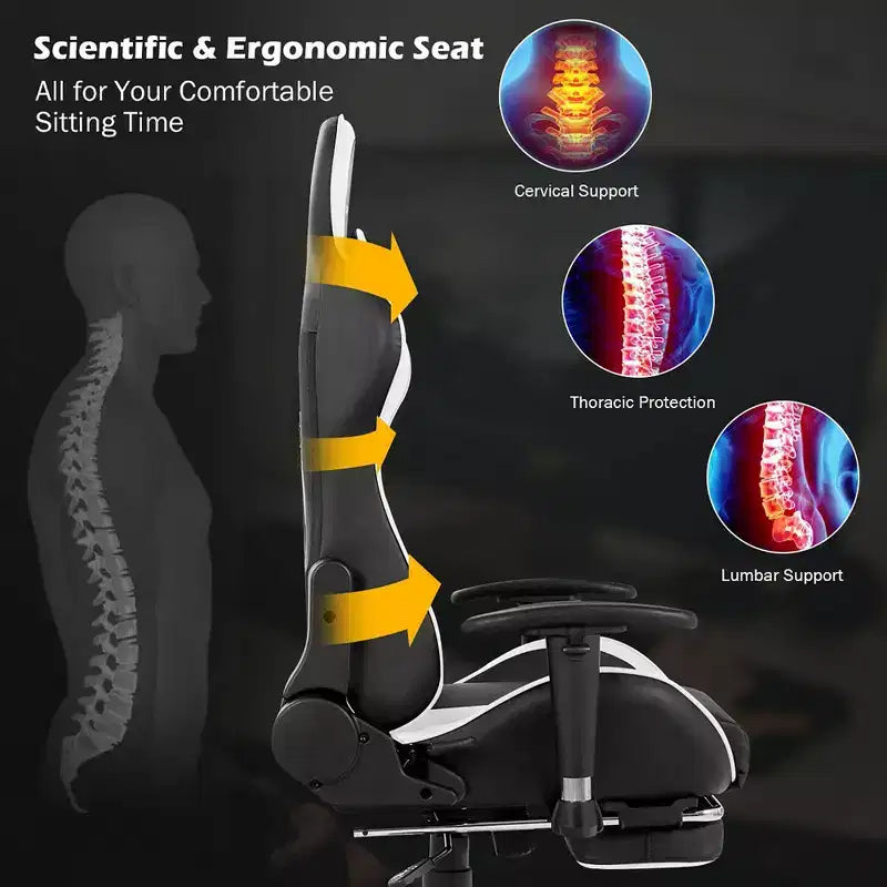 Chaise gaming de massage de bureau Costway inclinable pivotante de course avec repose-pieds