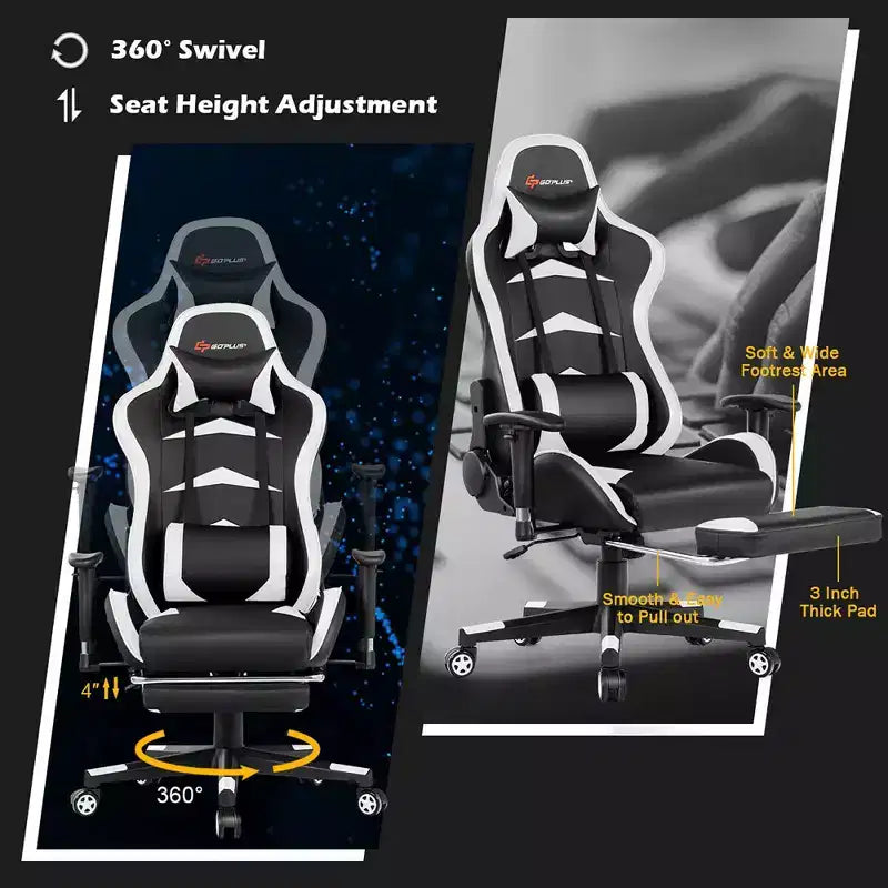 Chaise gaming de massage de bureau Costway inclinable pivotante de course avec repose-pieds