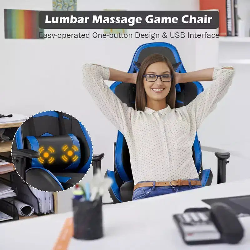 Chaise gaming de massage de bureau Costway inclinable pivotante de course avec repose-pieds