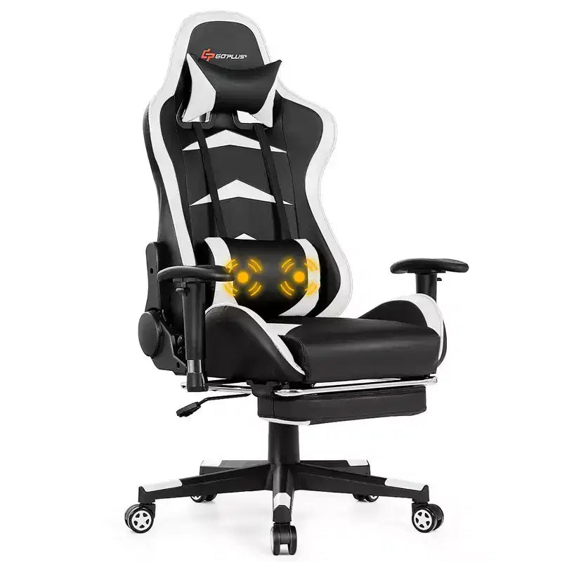 Chaise gaming de massage de bureau Costway inclinable pivotante de course avec repose-pieds
