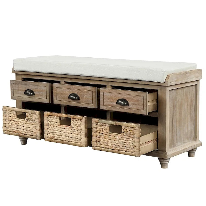 Banc de rangement rustique avec 3 tiroirs et 3 paniers en rotin, banc à chaussures pour salon et entrée