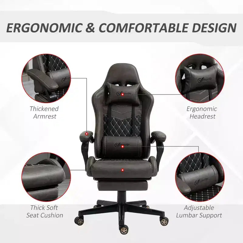 Vinsetto Chaise de jeu racing en cuir PU Diamond, chaise de bureau gamer à dossier haut, fauteuil inclinable pivotant avec repose-pieds, support lombaire, hauteur réglable