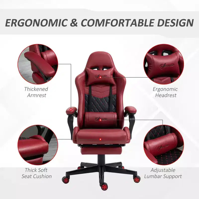 Vinsetto Chaise de jeu racing en cuir PU Diamond, chaise de bureau gamer à dossier haut, fauteuil inclinable pivotant avec repose-pieds, support lombaire, hauteur réglable