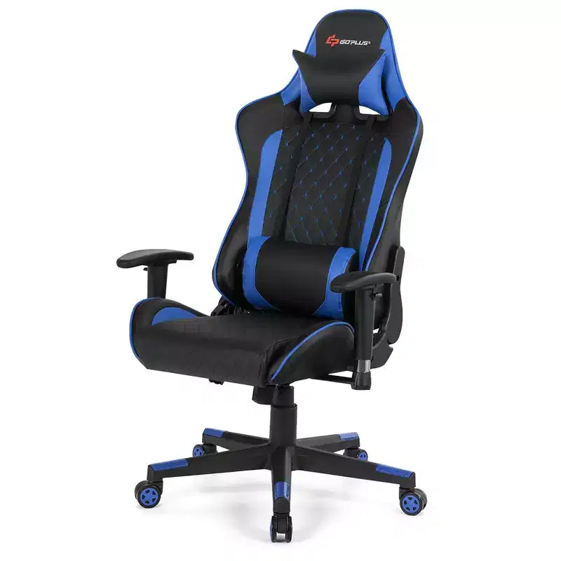 Chaise gaming de massage Costway inclinable de course avec soutien lombaire et appui-tête, blanc/bleu/rose/rouge