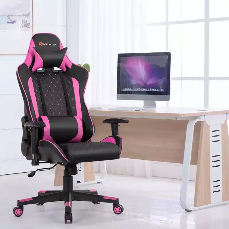 Chaise gaming de massage Costway inclinable de course avec soutien lombaire et appui-tête, blanc/bleu/rose/rouge