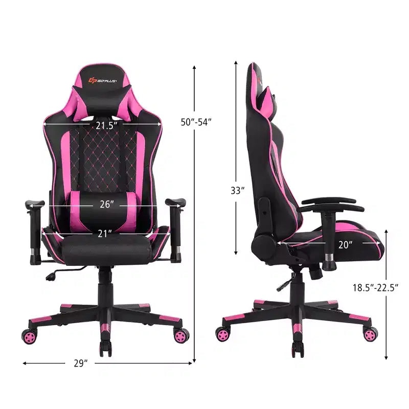 Chaise gaming de massage Costway inclinable de course avec soutien lombaire et appui-tête, blanc/bleu/rose/rouge