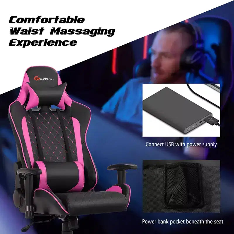 Chaise gaming de massage Costway inclinable de course avec soutien lombaire et appui-tête, blanc/bleu/rose/rouge